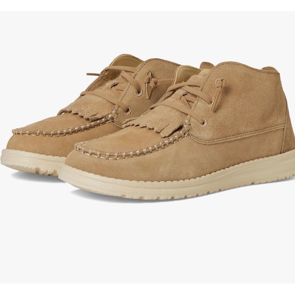 HEY DUDE Wendy Mid Elevated Kids W6 Chestnut NEW Fringe Suede Moccasin Boots